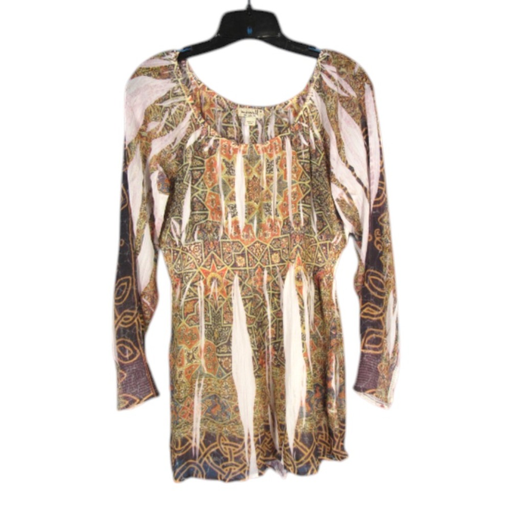 Y2K VTG ONE WORLD Sublimation CREPE Smocked Waist & Cuff PEASANT Blouse Top M